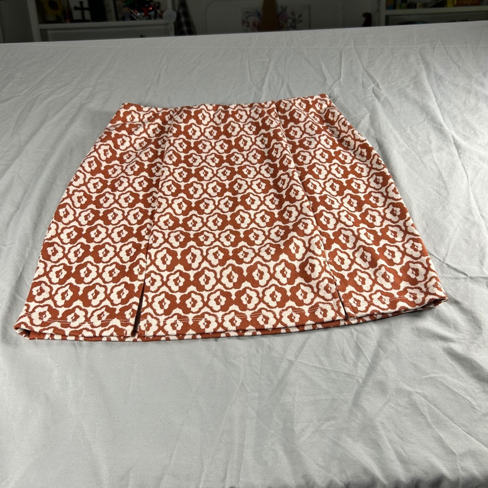 Belle Du Jour Mini Skirt Womens Size M Rust Orange Retro Geometric Floral Knit